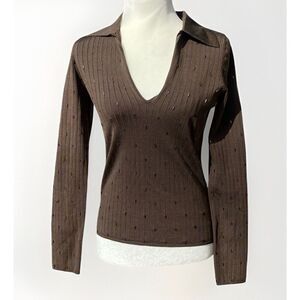 Cache Brown V-Neck Long Sleeve Sweater with Collar